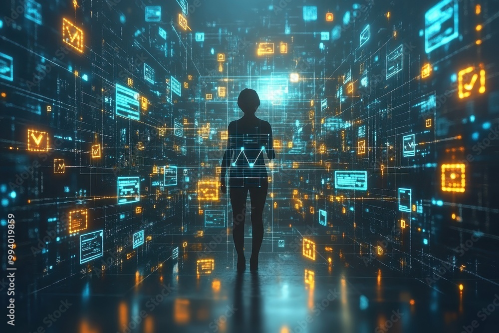 A stylized person surrounded by a grid of digital symbols representing the interconnected nature of cybersecurity A stylized person surrounded by a grid of digital symbols representing the interconnected nature of cybersecurity