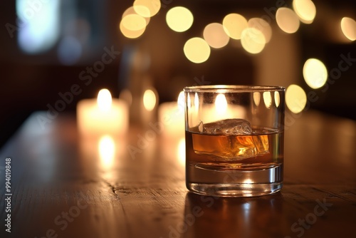 A glass of whisky sits on a wooden table, with bokeh lights and warm, ambient lighting creating an inviting atmosphere.