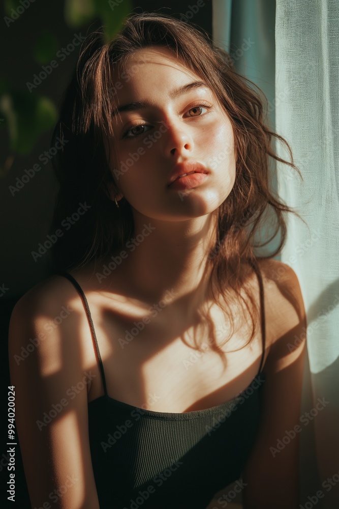 A portrait of a woman with soft shadows and natural light highlighting her face. A portrait of a woman with soft shadows and natural light highlighting her face.