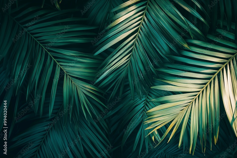 Overlapping green palm fronds create a lush, vivid jungle backdrop, evoking feelings of serenity and tropical beauty. Overlapping green palm fronds create a lush, vivid jungle backdrop, evoking feelings of serenity and tropical beauty.