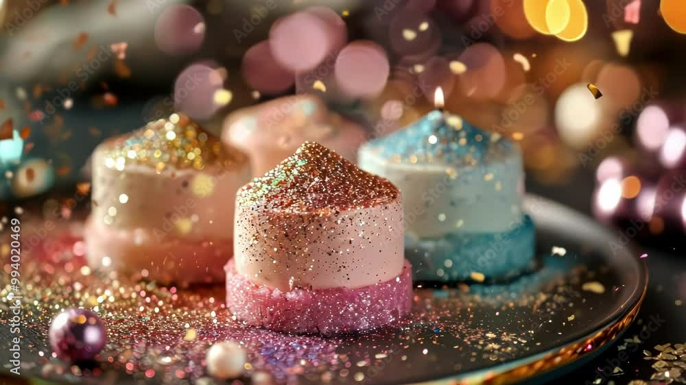 A vibrant, close up view of glittering party cakes with candles, celebrating joy and festivity in a warm, inviting atmosphere A vibrant, close up view of glittering party cakes with candles, celebrating joy and festivity in a warm, inviting atmosphere
