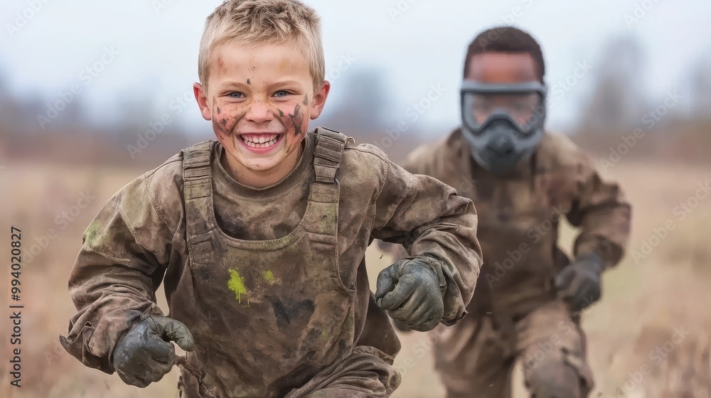 Happy Boy in Camo Running and Smiling During Paintball Game Happy Boy in Camo Running and Smiling During Paintball Game