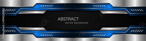 Abstract blue and silver polygons on dark steel mesh background. with free space for design. modern technology innovation concept background