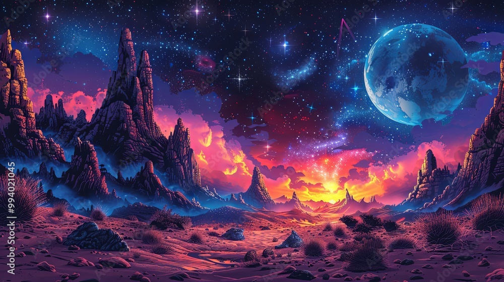 Colorful Retro Sci Fi illustration with space landscape, alien planets and extraterrestrial surfaces, coloring page and cartoon game concept background Colorful Retro Sci Fi illustration with space landscape, alien planets and extraterrestrial surfaces, coloring page and cartoon game concept background