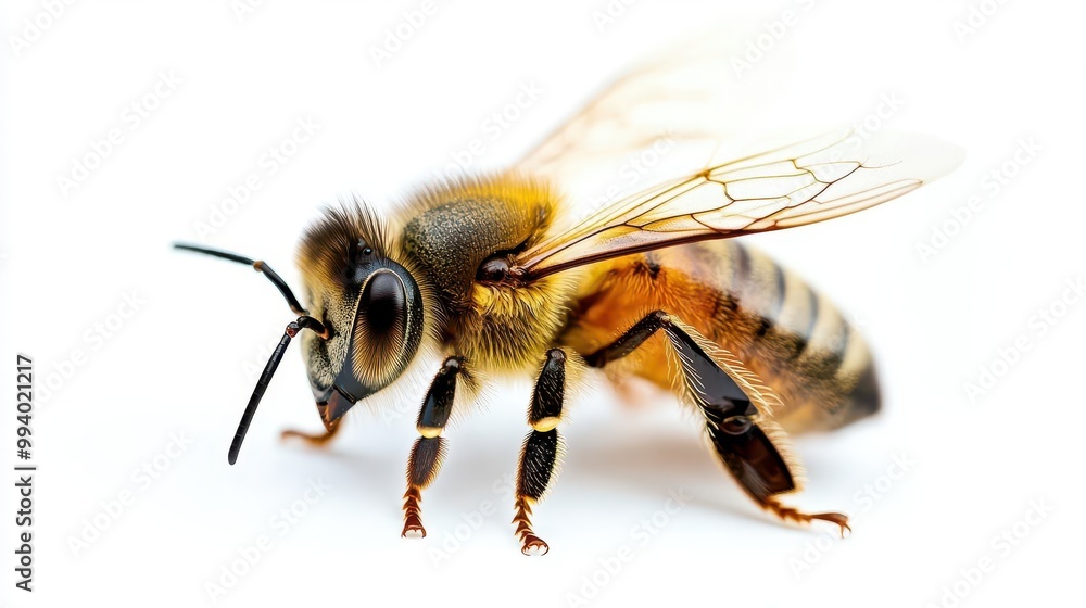 macro shot of honey bee in sharp focus intricate details of wings and body visible against pure white background golden hues highlighting delicate structures macro shot of honey bee in sharp focus intricate details of wings and body visible against pure white background golden hues highlighting delicate structures