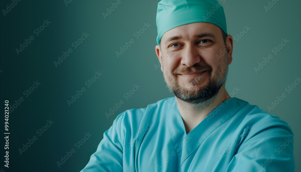 Positive surgeon in a good mood in a medical cap and green gown on a dark green background. Positive surgeon in a good mood in a medical cap and green gown on a dark green background.