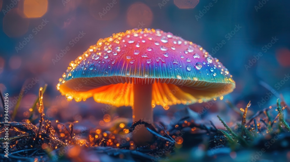 macro shot of iridescent mushroom cap psychedelic rainbow hues mystical forest floor dew drops macro shot of iridescent mushroom cap psychedelic rainbow hues mystical forest floor dew drops