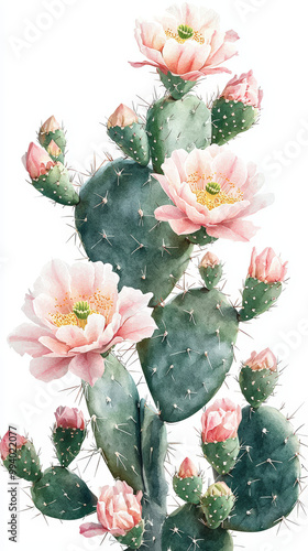 Wallpaper Mural A vibrant prickly pear cactus adorned with delicate pink flowers and buds, showcasing beauty of natures resilience and charm. This stunning botanical illustration captures essence of desert flora Torontodigital.ca