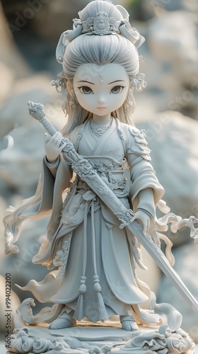 A white 3D cute Chinese woman in warrior form, holding a tiny sword with a determined yet adorable expression