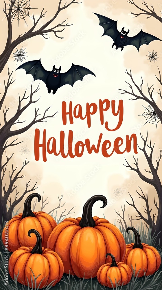Fototapeta premium Illustrated Halloween greeting with pumpkins, bats and spider webs. Perfect for holiday cards, holiday banners and social media posts.