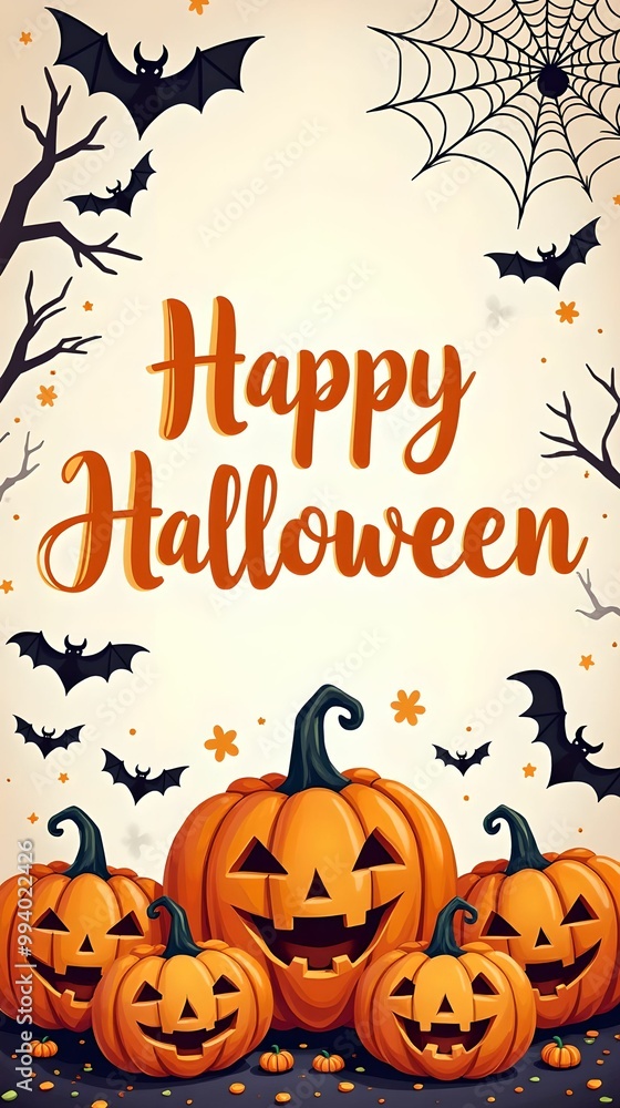 Illustrated Halloween greeting with pumpkins, bats and spider webs. Perfect for holiday cards, holiday banners and social media posts. Illustrated Halloween greeting with pumpkins, bats and spider webs. Perfect for holiday cards, holiday banners and social media posts.