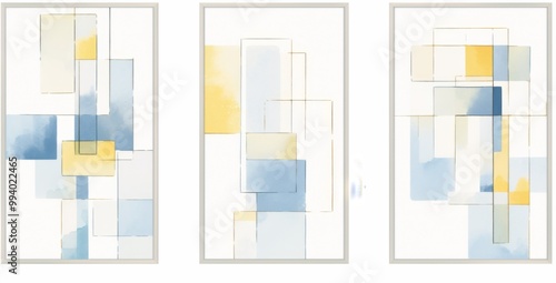 Three vertical framed prints featuring abstract compositions of blue and yellow geometric shapes on a white background