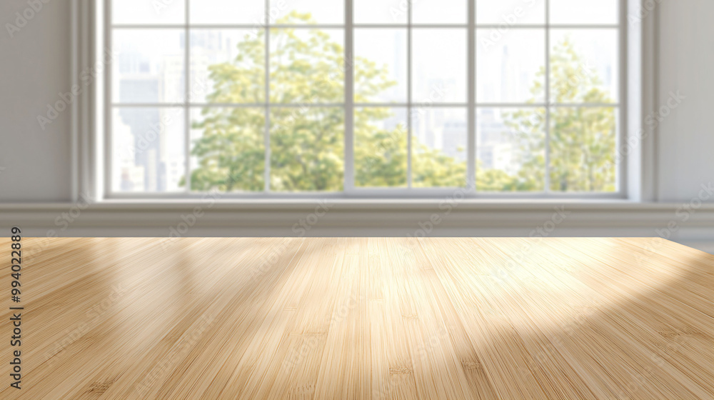 Fototapeta premium bright and spacious room with bamboo desk and sunlight streaming in