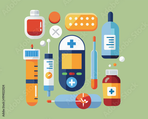 Diabetes flat vector elements set vector. Diabetes equipment icon collection. healthcare prevention concept.