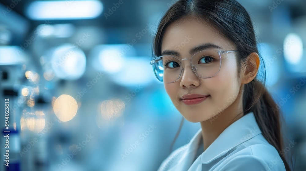 A confident young scientist smiles warmly in a modern laboratory filled with advanced technology and equipment under soft lighting A confident young scientist smiles warmly in a modern laboratory filled with advanced technology and equipment under soft lighting