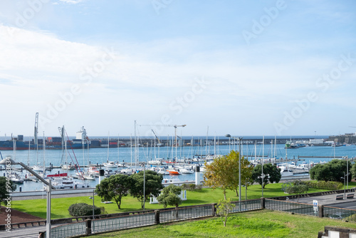 View over promenade and marina in Ponta Delgada city, Sao Miguel island, the capital of Azores islands.