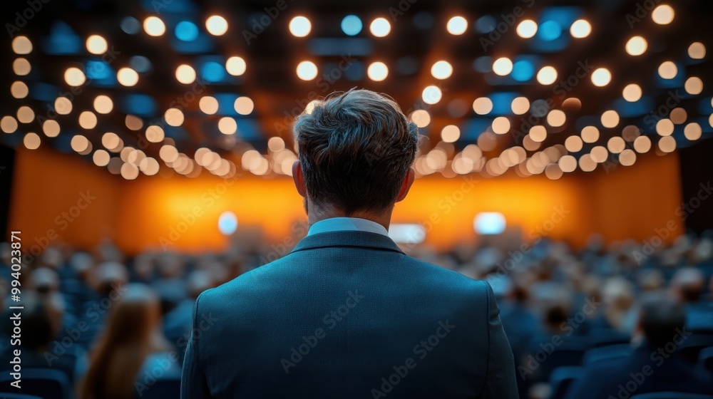 A poised speaker prepares to address an attentive audience under warm, glowing lights at a conference event A poised speaker prepares to address an attentive audience under warm, glowing lights at a conference event