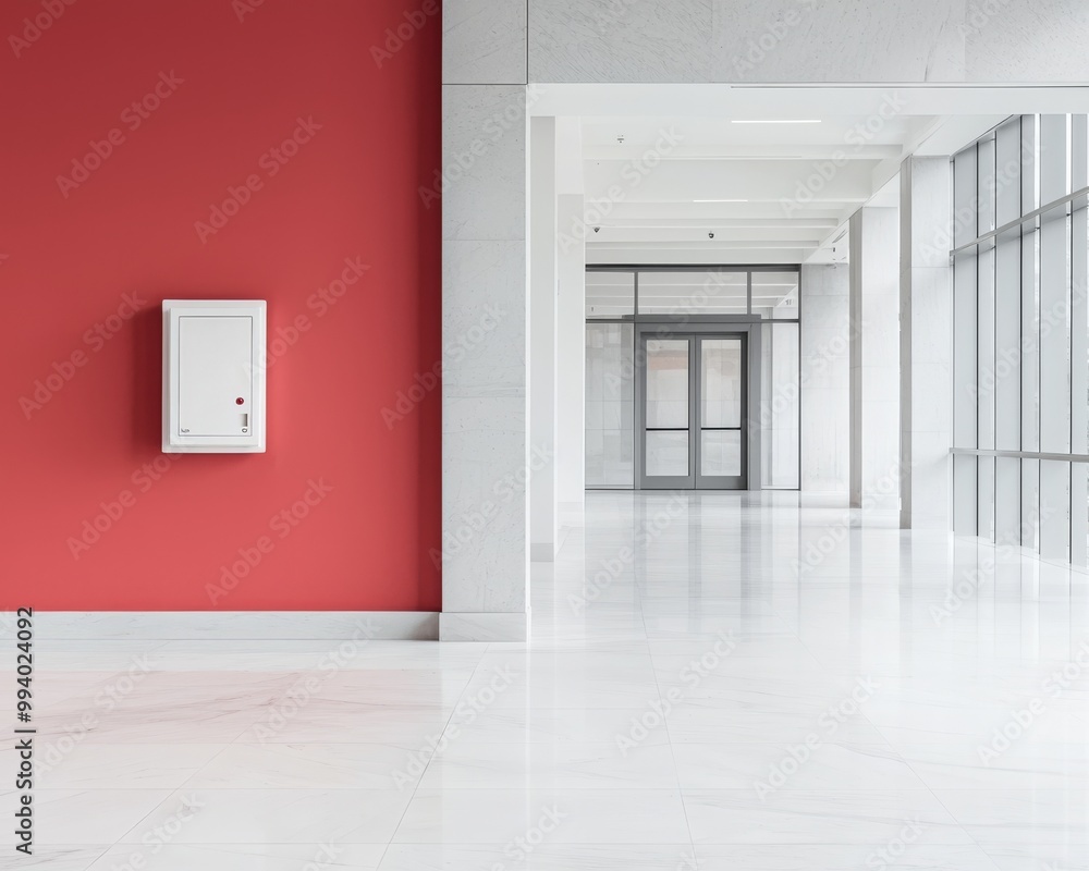 Fototapeta premium A modern interior scene featuring a bright red wall, a white mailbox, sleek glass doors, and a spacious, light-filled hallway.