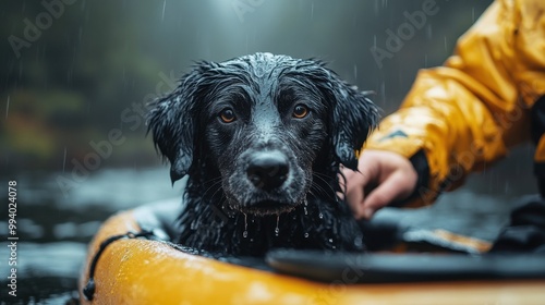 A joyful dog braves the rain on a kayak adventure in the serene wilderness of a misty forest