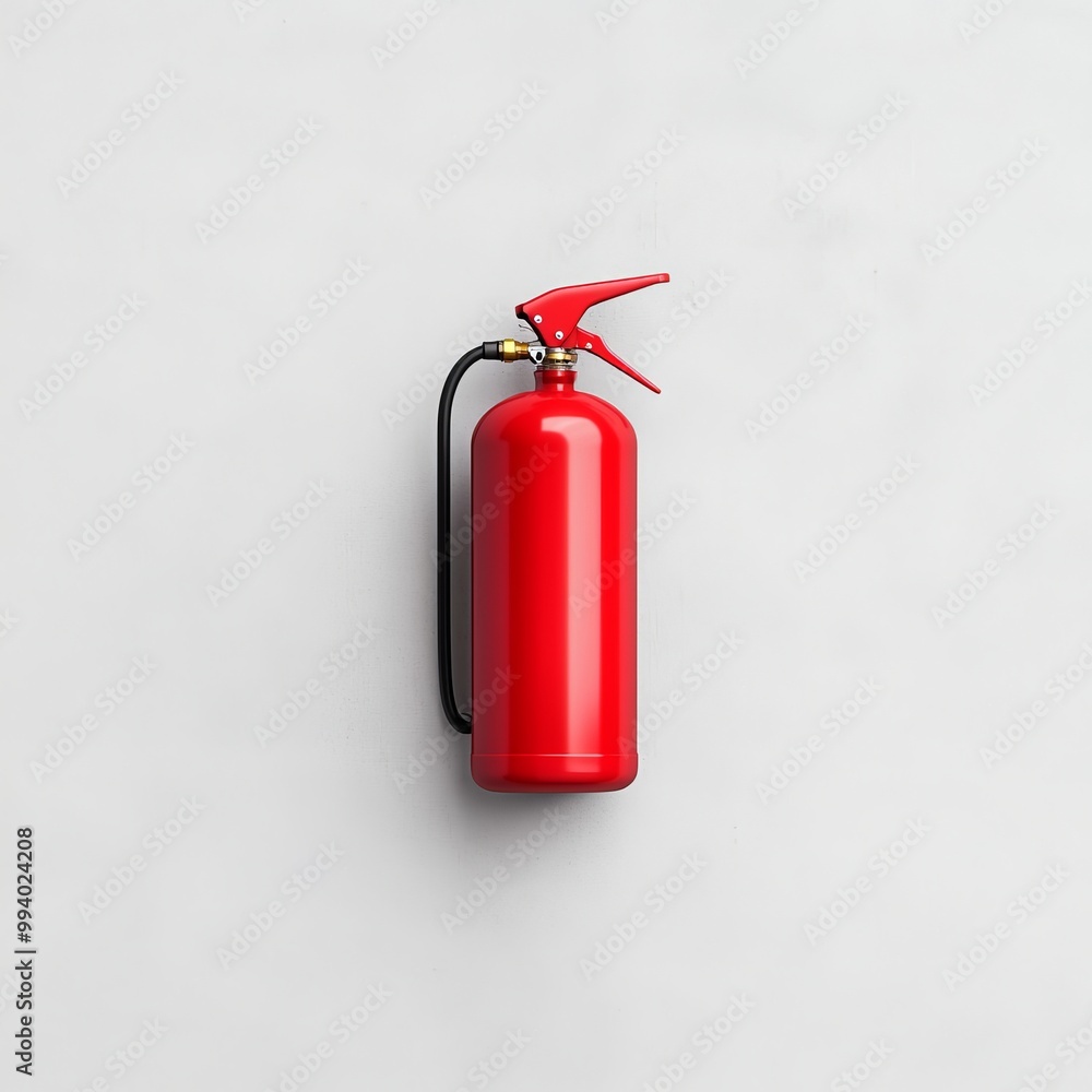 A bright red fire extinguisher designed for fire safety, featuring a trigger mechanism and a black hose, placed against a neutral background. A bright red fire extinguisher designed for fire safety, featuring a trigger mechanism and a black hose, placed against a neutral background.