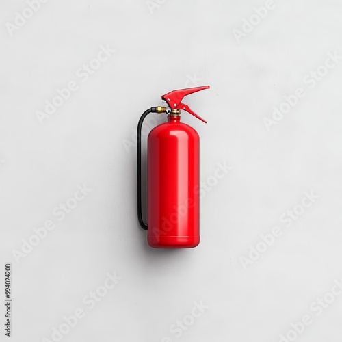 A bright red fire extinguisher designed for fire safety, featuring a trigger mechanism and a black hose, placed against a neutral background.