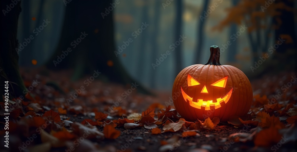A glowing jack-o-lantern among swirling autumn leaves in a mystical forest A glowing jack-o-lantern among swirling autumn leaves in a mystical forest