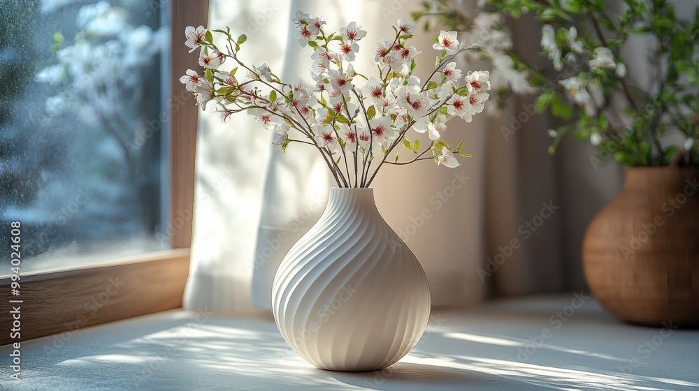 Elegant vase with flowers in a sunlit indoor setting. Elegant vase with flowers in a sunlit indoor setting.
