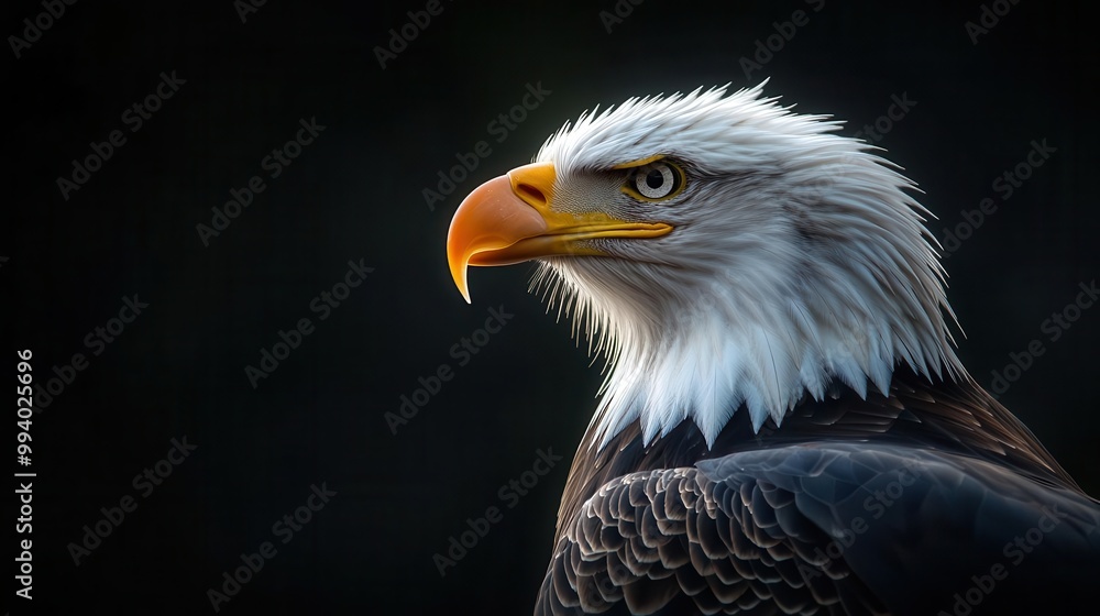 Obraz premium majestic bald eagle profile with american flag feather pattern patriotic theme sharp detail dramatic lighting symbol of freedom