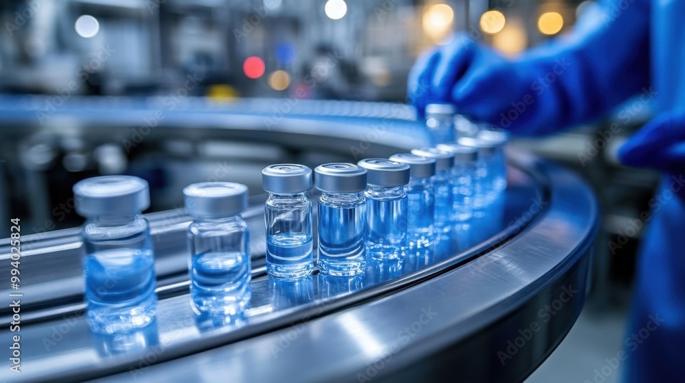 In a bustling facility, vials of liquid vaccine glide along a conveyor belt, reflecting innovation and hope during the health crisis In a bustling facility, vials of liquid vaccine glide along a conveyor belt, reflecting innovation and hope during the health crisis