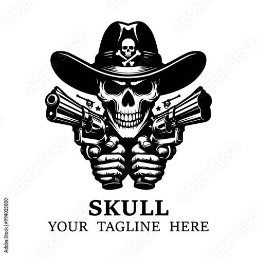 Skull aiming with two revolvers on white background