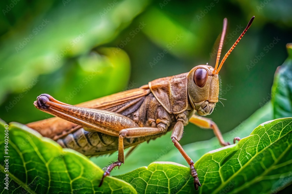 Detailed Close-Up of a Brown Grasshopper Resting on Green Leaves in Natural Outdoor Environment Detailed Close-Up of a Brown Grasshopper Resting on Green Leaves in Natural Outdoor Environment