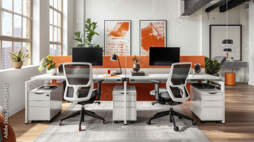 A corporate workspace designed with ergonomics in mind, featuring adjustable seating, task lighting, and keyboard trays for maximum comfort.