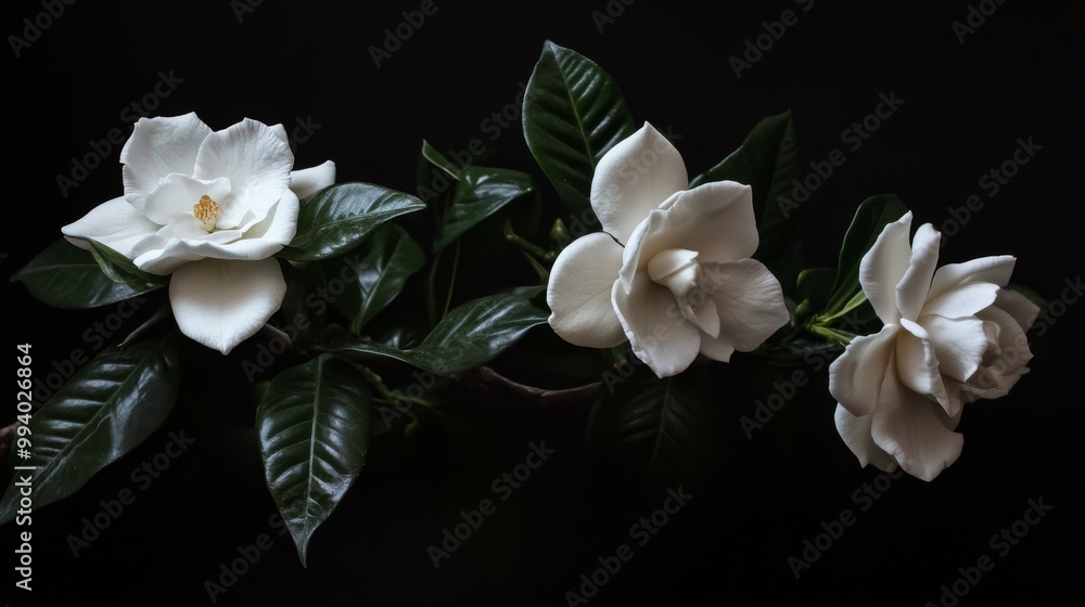 Obraz premium Three white gardenia flowers with green leaves on a black background.