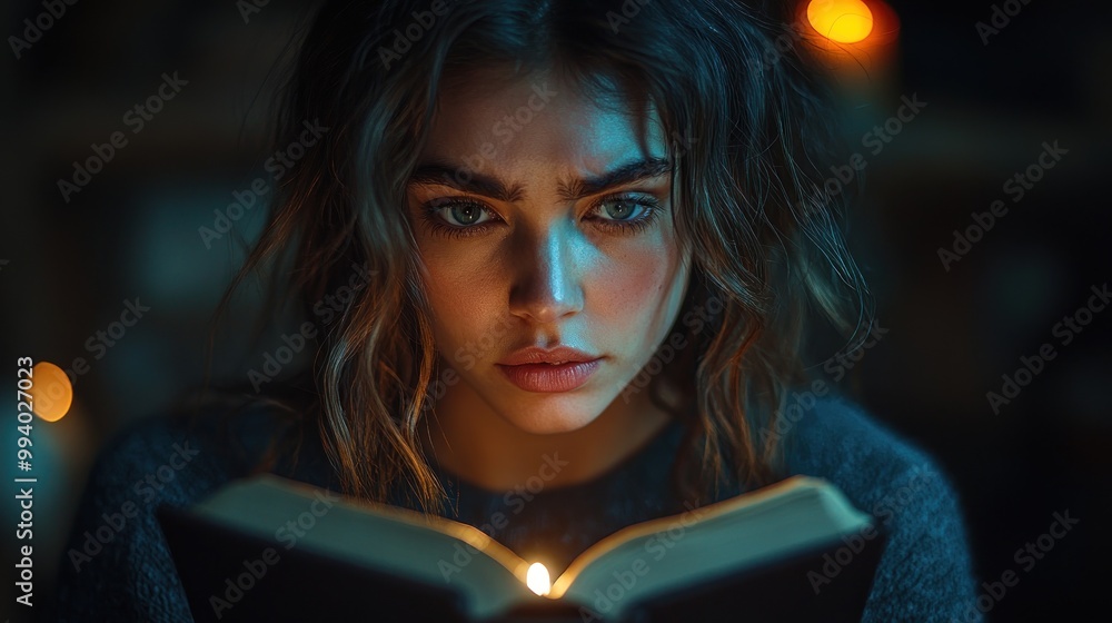 A young woman reading a book in a dimly lit, cozy atmosphere. A young woman reading a book in a dimly lit, cozy atmosphere.