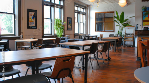 A coworking space where freelancers can rent desks or use communal tables, with access to shared office resources and networking events.