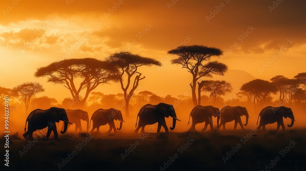 majestic elephant herd silhouetted against a fiery african sunset crossing savanna with acacia trees warm orange and gold tones with dusty atmosphere majestic elephant herd silhouetted against a fiery african sunset crossing savanna with acacia trees warm orange and gold tones with dusty atmosphere