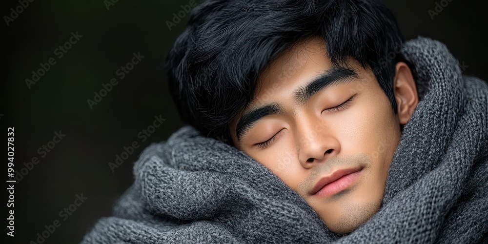 Young Man Sleeping Peacefully in a Knitted Blanket Young Man Sleeping Peacefully in a Knitted Blanket