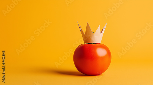 Tomato crowned with a paper crown against a vibrant yellow backdrop