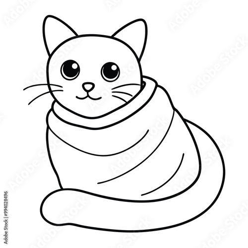 Cute kitten wrapped in a blanket, flat vector style with soft pastel colors and cozy details.
