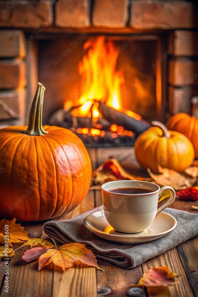 Cup of tea and pumpkin, autumn leaves on table on background of warm fireplace. Cup of tea and pumpkin, autumn leaves on table on background of warm fireplace.