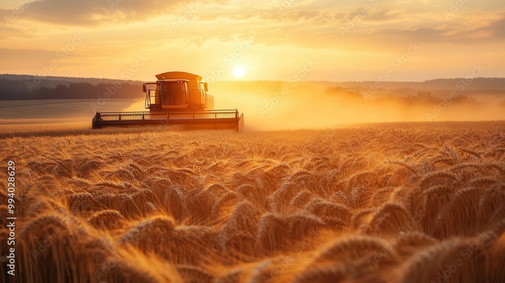Fototapeta premium majestic golden wheat field at sunset combine harvester in action dust billowing warm orange light
