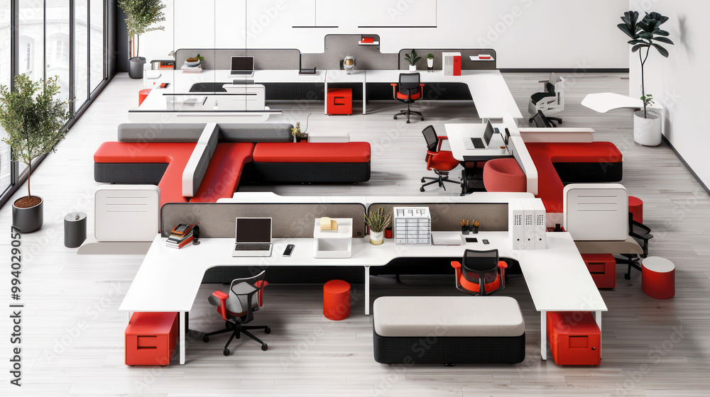 Fototapeta premium A customizable workspace with modular furniture, adjustable desks, and flexible decor that can be reconfigured to meet different needs.