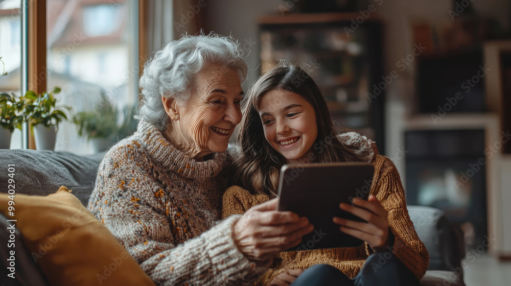 Grandmother and Granddaughter Video Calling Family - Cozy Evening Living Room Setting Grandmother and Granddaughter Video Calling Family - Cozy Evening Living Room Setting
