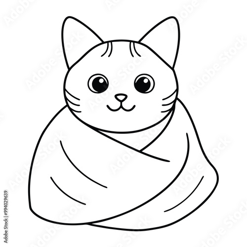 Cute kitten wrapped in a blanket, flat vector style with soft pastel colors and cozy details.