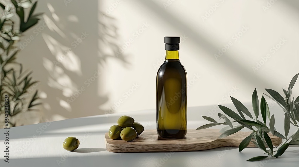 A sleek olive oil bottle is placed on a simple wooden board, accompanied by fresh green olives and vibrant leaves, ideal for showcasing organic products in a minimalist style. A sleek olive oil bottle is placed on a simple wooden board, accompanied by fresh green olives and vibrant leaves, ideal for showcasing organic products in a minimalist style.