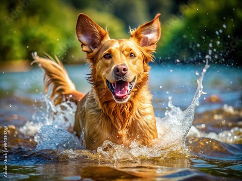 Joyful brown dog submerges in water, ears flapping, tail wagging, bursting with excitement, surrounded by ripples and splashes, exuding happiness and carefree spirit. photo