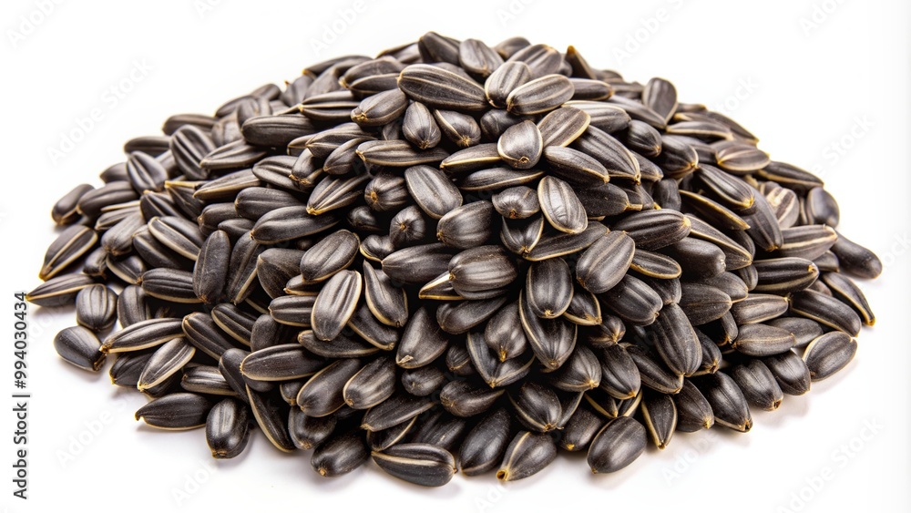 A vibrant arrangement of roasted black sunflower seeds, meticulously cut out and isolated on a white background, showcasing their delicate texture and nutty appeal. A vibrant arrangement of roasted black sunflower seeds, meticulously cut out and isolated on a white background, showcasing their delicate texture and nutty appeal.