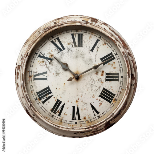 Old clock face with roman numerals showing seven o'clock on white background