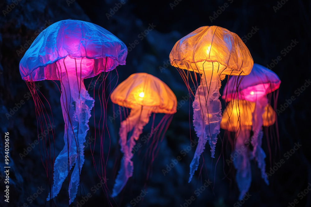 Group of illuminated handmade jellyfish decorations glowing at night Group of illuminated handmade jellyfish decorations glowing at night