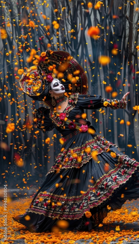Fototapeta premium Vibrant La Catrina Dancing Amidst Floating Marigold Petals - Perfect for Event Invites and Decorations